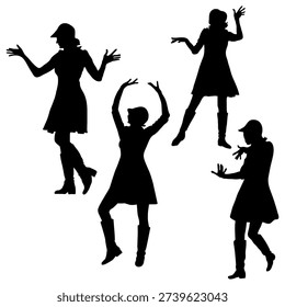 Four different poses of a girl vector silhouette with dance moves.
