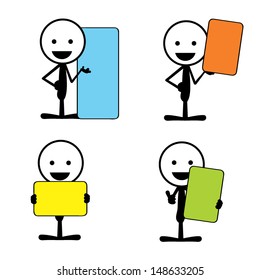 four different poses of stick man with different color of signboard