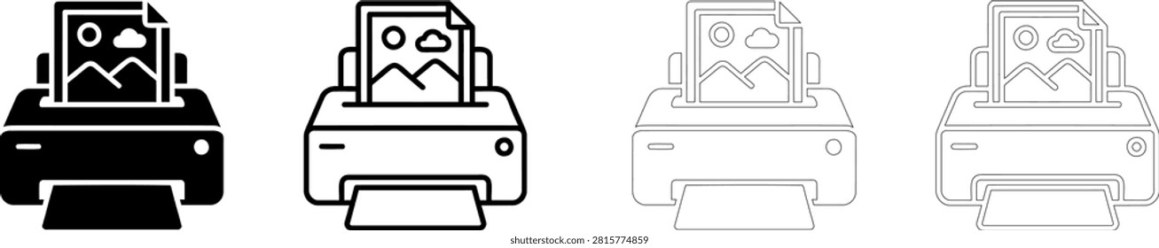 Four different printer icons with digital display screens Editable