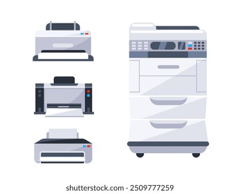 Four different printers are standing on a white background, representing home and office electronic equipment