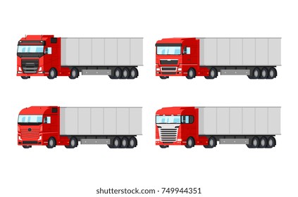 Four different red trucks for delivery goods vector flat design isolated on white background. Delivery, cargo infographic elements.