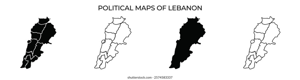 Four different representations of Lebanons political maps showcase the various regional boundaries. These maps highlight territorial divisions and political areas within the country over time.