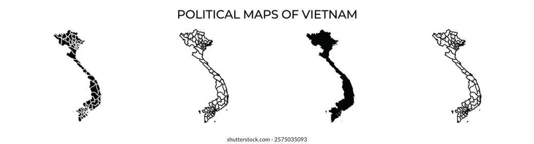 Four different representations of Vietnams political maps are showcased, highlighting the countrys divisions. Each map varies in color and detail, illustrating geographical information effectively.