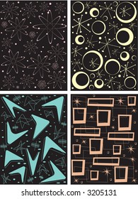 Four different retro pattern tiles. Can be tiled, seamed, scaled, repeated, etc. Fully editable vector illustration.