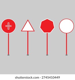 Four different road signs on poles in red and white colors