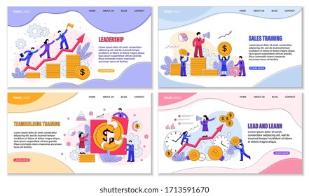Cuatro diferentes cursos de formación en ventas carteles o diseños que muestran el dinero y las finanzas, con énfasis en el liderazgo exitoso y los logros a través del trabajo en equipo, ilustraciones vectoriales coloreadas con espacio de copia