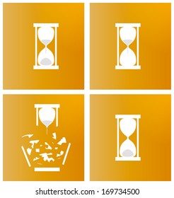 four different sandglasses with white color on yellow background