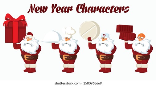 Four different Santa Claus dressed in work clothes of four different professions. Santa Claus, chef, doctor and builder. White background. Characters for posters and greeting cards.
