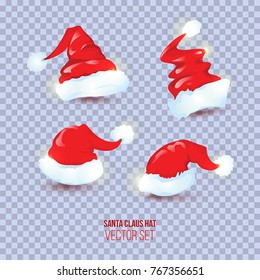 Four different Santa's red hats set on transparent checkered background. vector illustration