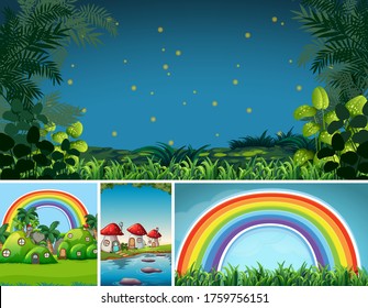 Four different scene of fantasy world with fantasy places and rainbow illustration