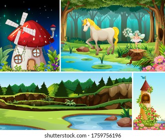 Four different scene of fantasy world with fantasy places and fantasy characters such as mushroom house and unicorn illustration