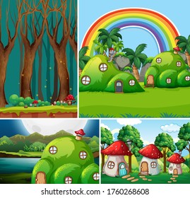 Four different scene of fantasy world with fantasy house in fairy tale and forest at night scene  illustration