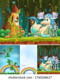 Four different scene of fantasy world with dragon and knight and blank sky with rainbow illustration