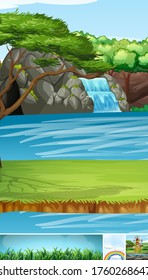 Four different scene of fantasy world with fantasy places such as water fall in nature and rainbow illustration