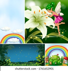 Four different scene of fantasy world with fantasy places and fantasy characters such as fairy with flower illustration