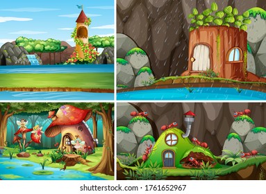 Four different scene of fantasy world with fantasy places and fantasy characters such as fairies and ant with antnest illustration