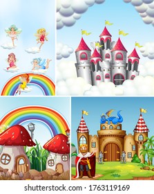 Four different scene of fantasy world with fantasy places and fantasy characters such as faries and king with castle illustration