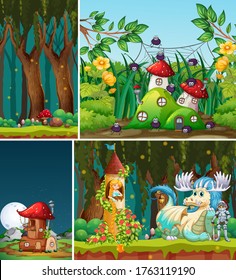 Four different scene of fantasy world with fantasy places and fantasy characters such as dragon with knight illustration