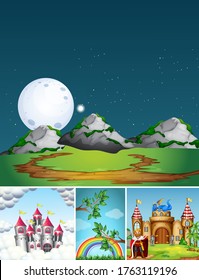 Four different scene of fantasy world with fantasy places and fantasy characters such as king with castle illustration