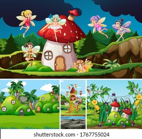Four different scene of fantasy world with fantasy places and fantasy characters such as fairies illustration