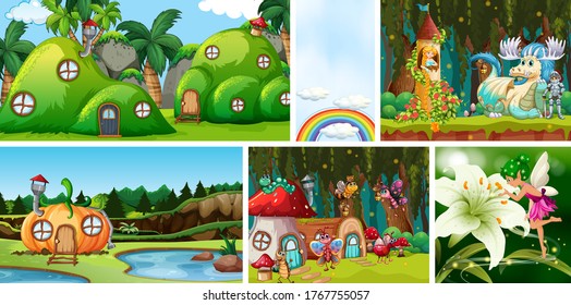 Four different scene of fantasy world with beautiful fairies in the fairy tale and pumpkin house and dragon with knight and blank sky with rainbow illustration