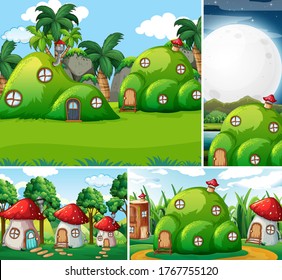 Four different scene of fantasy world with fantasy places such as mushroom village illustration