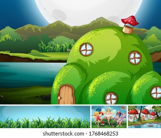 Four different scene of fantasy world with fantasy places and fantasy characters such as fairies illustration