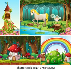 Four different scene of fantasy world with beautiful fairies in the fairy tale and unicorn and mushroom house, castle illustration
