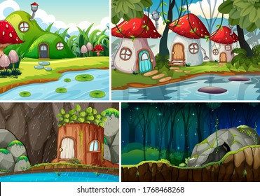 Four different scene of fantasy world with fantasy house illustration