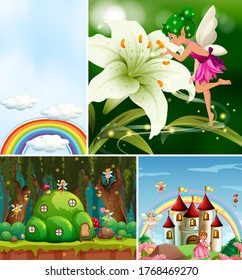 Four different scene of fantasy world with fantasy places and fantasy characters such as fairy with flower illustration