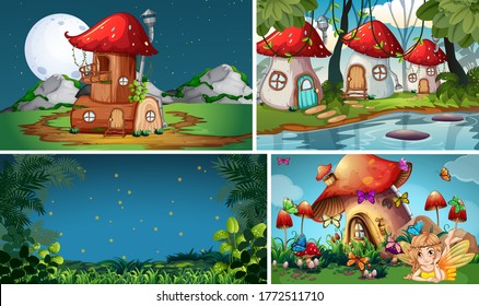 Four different scene of fantasy world with fantasy places and fantasy characters such as mushroom village illustration