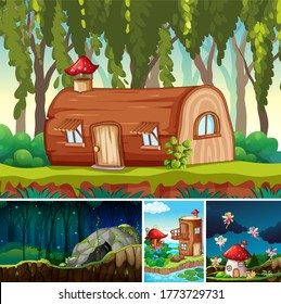 Four different scene of fantasy world with fantasy places and fantasy characters such as log house and stone cave illustration