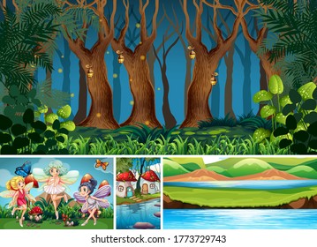 Four different scene of fantasy world with fantasy places and fantasy characters such as  fairies illustration