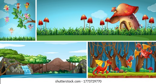 Four different scene of fantasy world with fantasy places and fantasy character such as dragon and mushroom house and fairies in fairy tale illustration