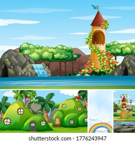Four different scene of fantasy world with fantasy places and fairies with castle illustration