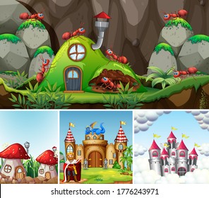 Four different scene of fantasy world with fantasy places and fantasy characters  such as ant with ant nest an dking with castle illustration