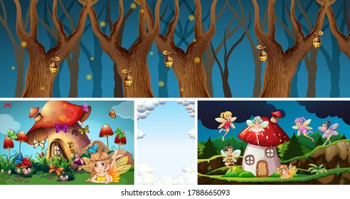 Cuatro escenas diferentes del mundo de fantasía con lugares de fantasía y personajes de fantasía como la ilustración de la casa de hongos