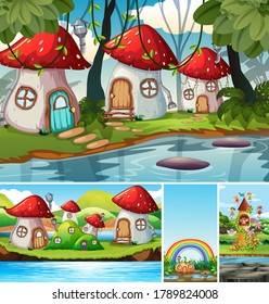 Four different scene of fantasy world with mushroom village illustration