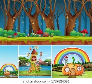 Four different scene of fantasy world with fantasy places and fantasy characters such as pumpkin house and castle with fairies and night forest illustration