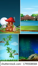 Four different scene of fantasy world with fantasy places such stone cave and mushroom house illustration