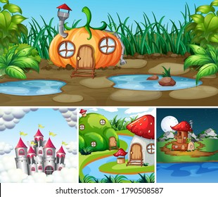 Four different scene of fantasy world with fantasy places such as pumpkin house and mushroom house illustration
