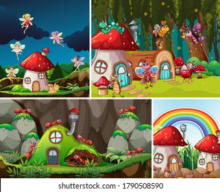 Four different scene of fantasy world with beautiful fairies in the fairy tale and ant with antnest illustration