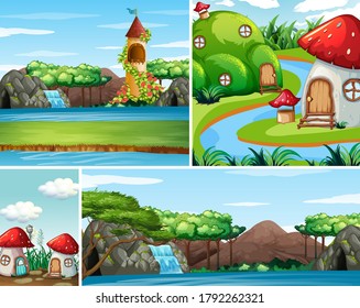 Four different scene of fantasy world with beautiful fairies in the fairy tale and castle with water fall scene illustration