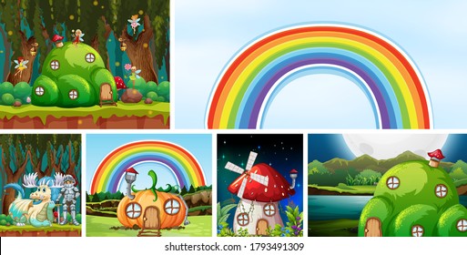 Four different scene of fantasy world with fantasy places and fantasy characters such as mushroom house and dragon with knight and rainbow with blank space illustration