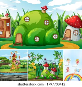 Four different scene of fantasy world with beautiful fairies in the fairy tale and fantasy house and castle illustration