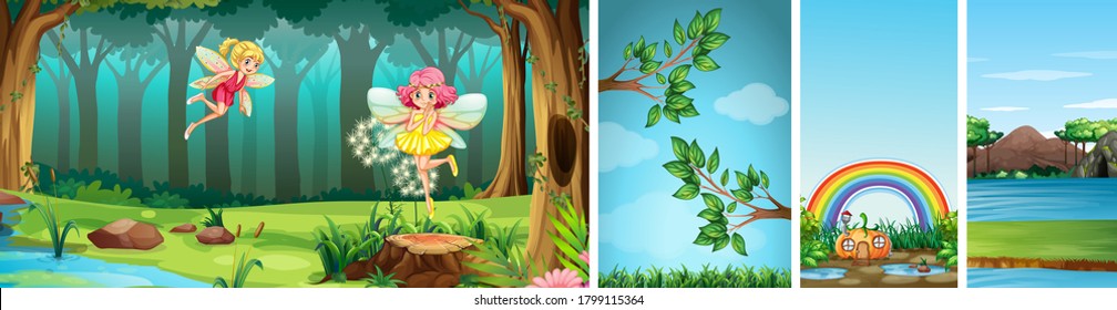 Four different scene of fantasy world with fantasy places and fantasy characters such as fairies illustration