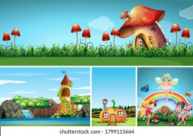 Cuatro escenas diferentes de mundo de fantasía con hermosas hadas en la ilustración de cuento de hadas