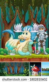 Four different scene of fantasy world with fantasy places and fantasy characters such as dragon with knight illustration
