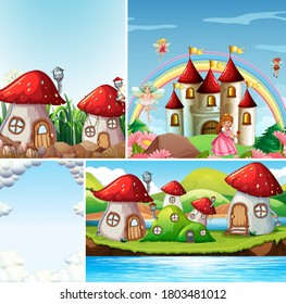 Four different scene of fantasy world with fantasy places such as mushroom village and castle with rainbow illustration