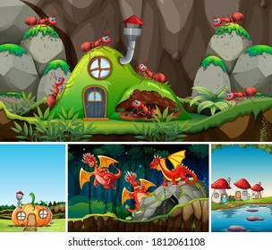 Four different scene of fantasy world with fantasy cartoon character such as dragons and ant with antnest illustration